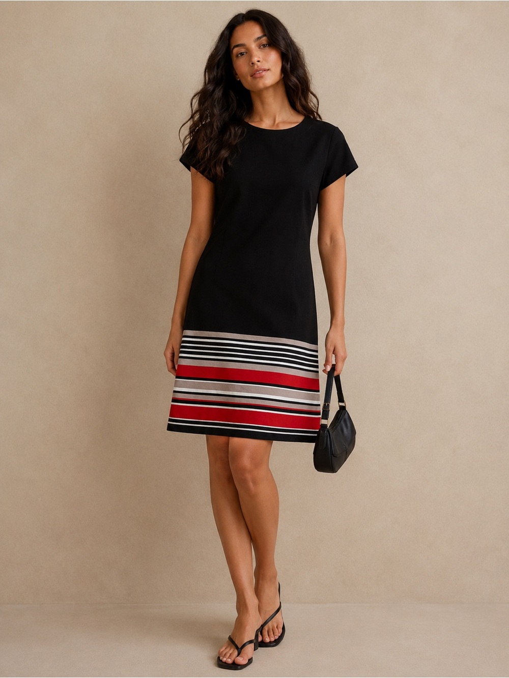 Calvin Klein Black Mini Short Sleeve Dress with Red & White Stripes Size 4